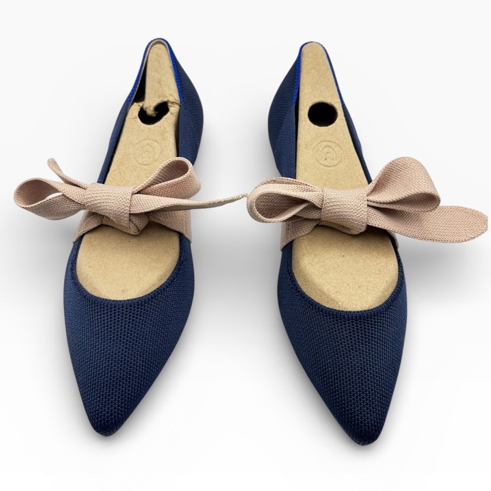 Rothy's Retired Sapphire Blue The Point Flats w/ Pink-Beige Adjustable Bow EPOC